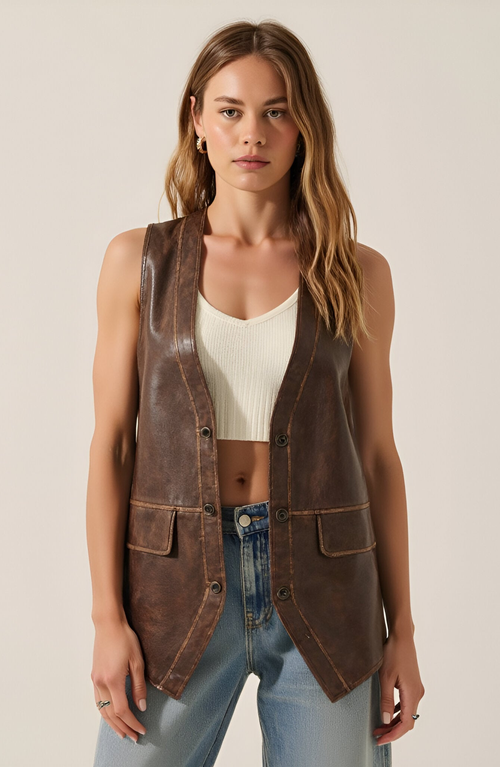 Modenaire Faux Leather Vest With Snap Buttons In Brown