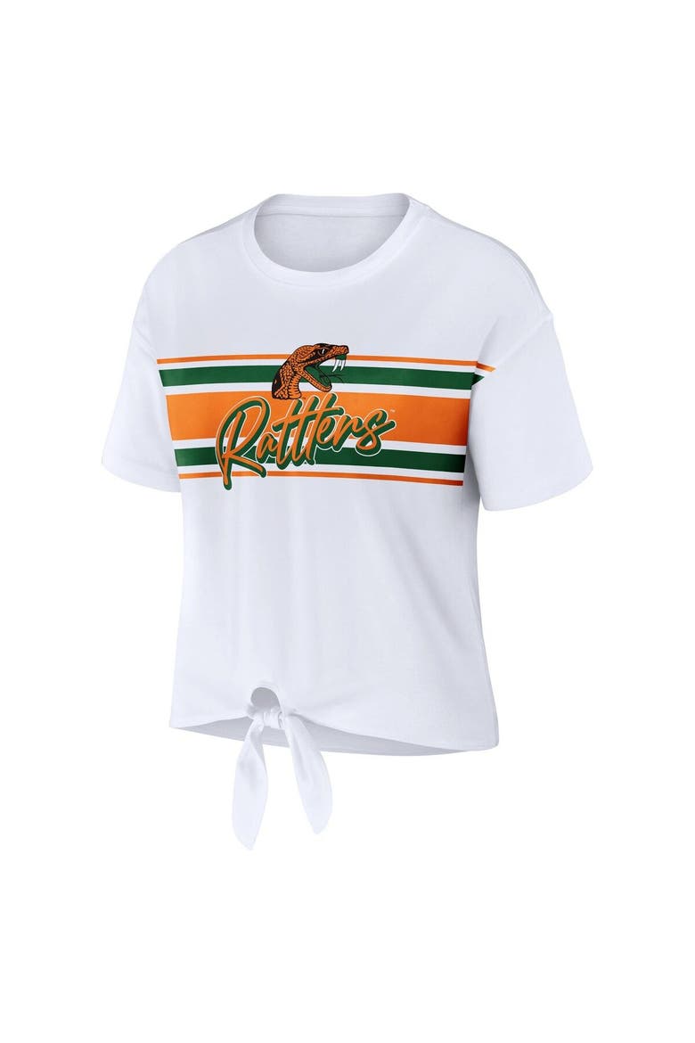 Women's WEAR by Erin Andrews White Florida A&M Rattlers Striped Front Knot Cropped T-Shirt, Alternate, color, White