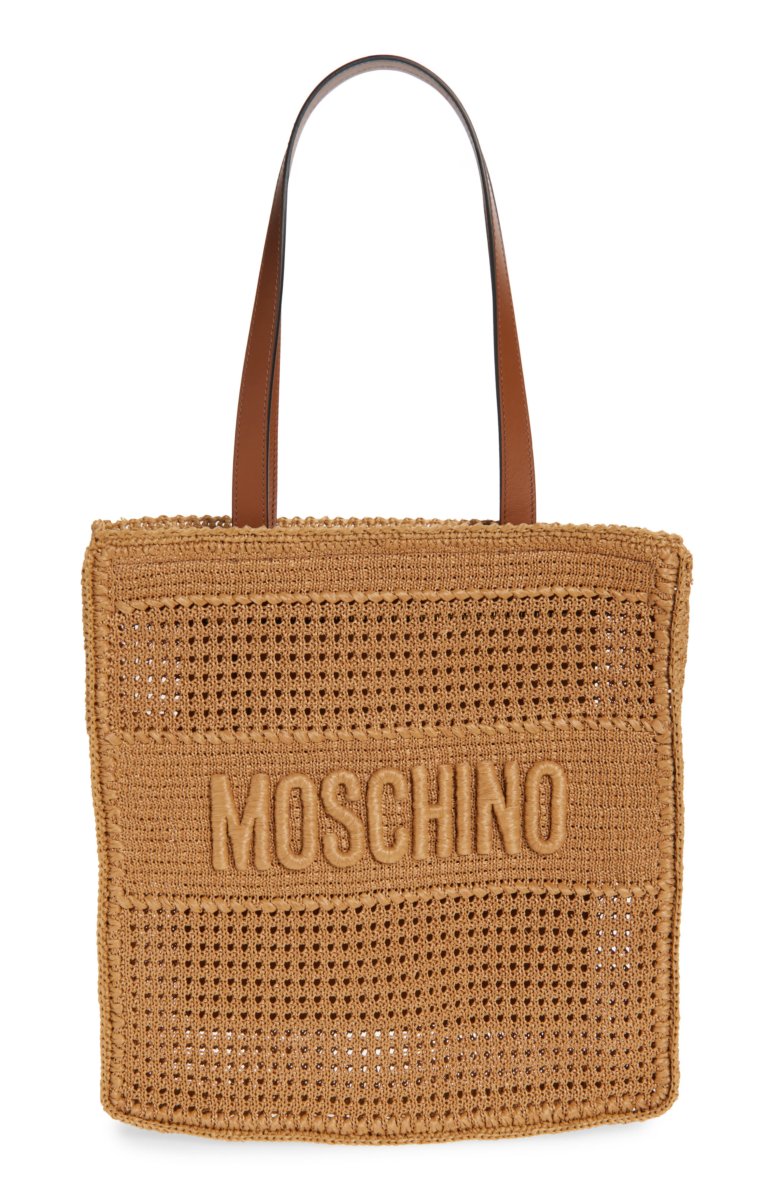 Moschino Logo Woven Shopper Tote, Main, color, Hide
