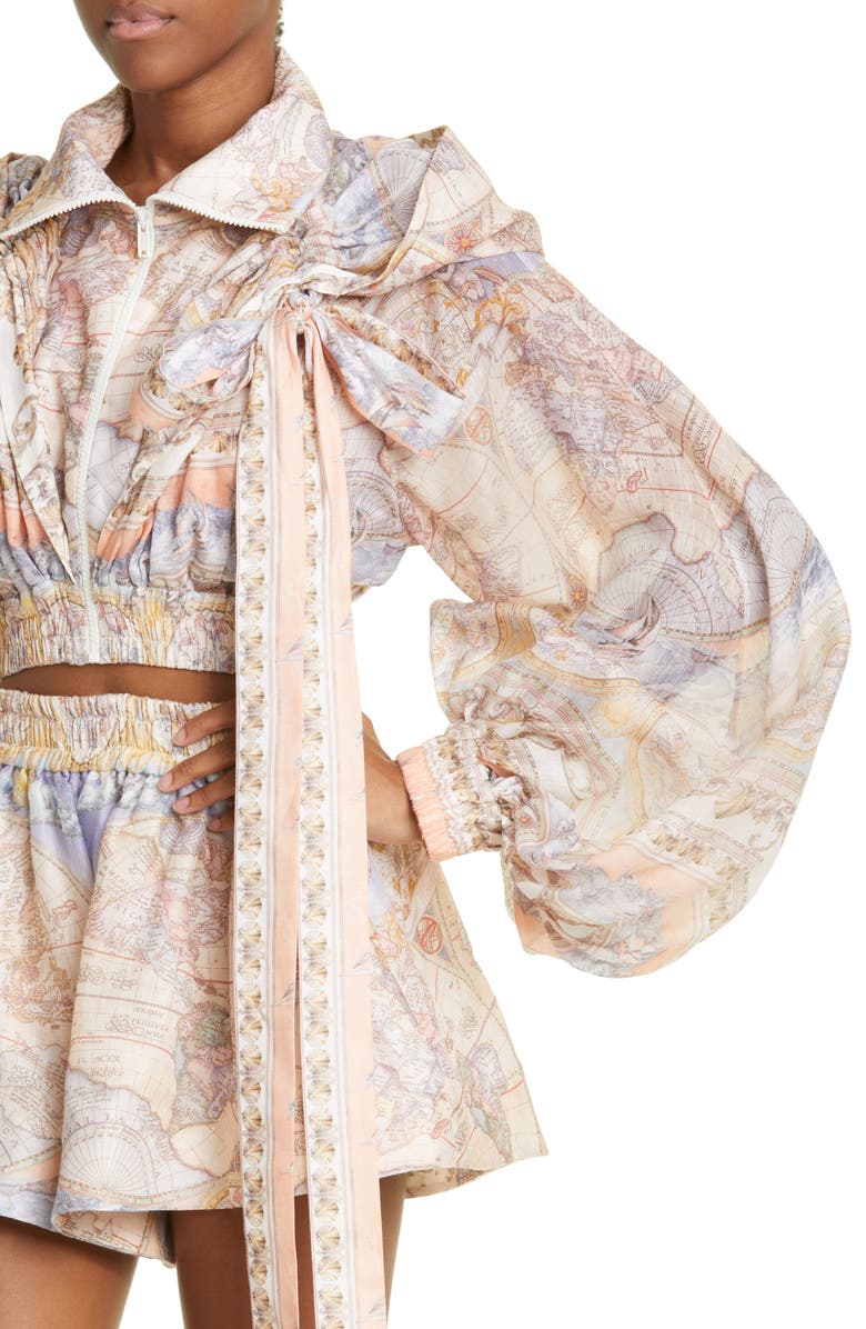 Zimmermann Odyssey Print Hooded Crop Linen & Silk Zip Jacket, Alternate, color, 