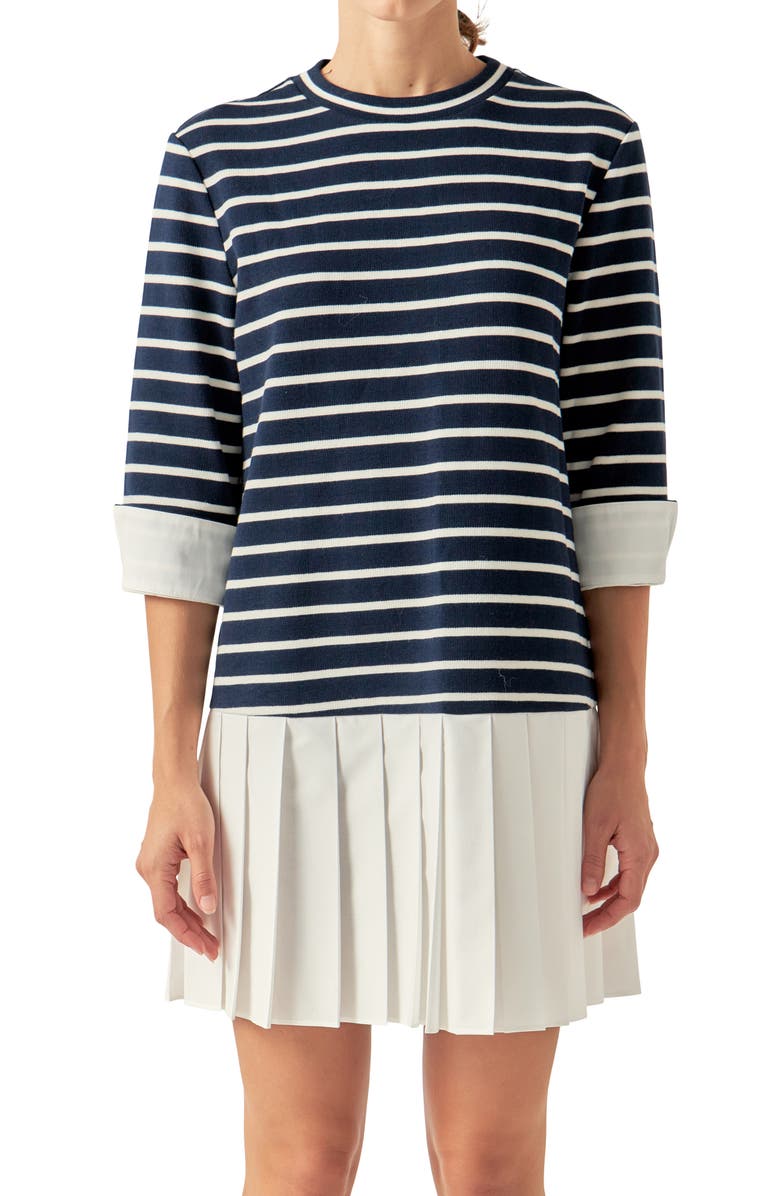English Factory Mix Media Stripe Pleated Minidress, Alternate, color, Navy/ White