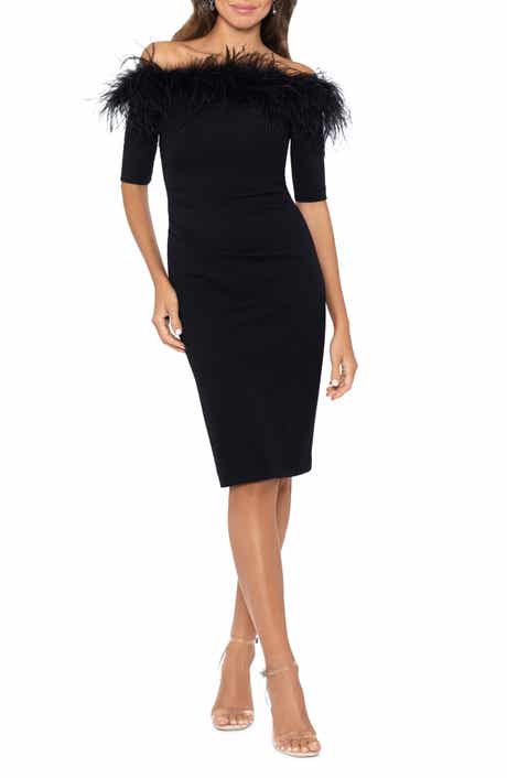 Xscape Evenings Feather Trim Off the Shoulder Scuba Sheath Dress