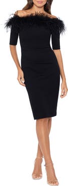 Xscape Evenings Feather Trim Off the Shoulder Scuba Sheath Dress