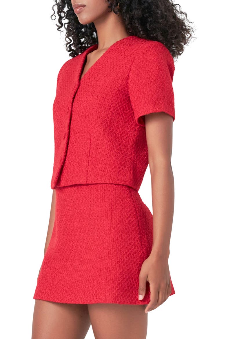 Button Front Tweed Crop Top, Alternate, color, RED