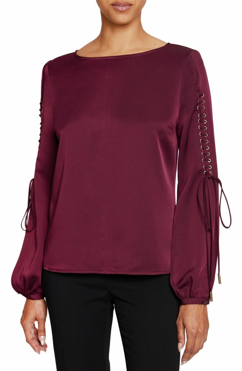 Santorelli LIVI Long Sleeve Top with Grommet Detail in Smooth Crepe, Alternate, color, Sangria