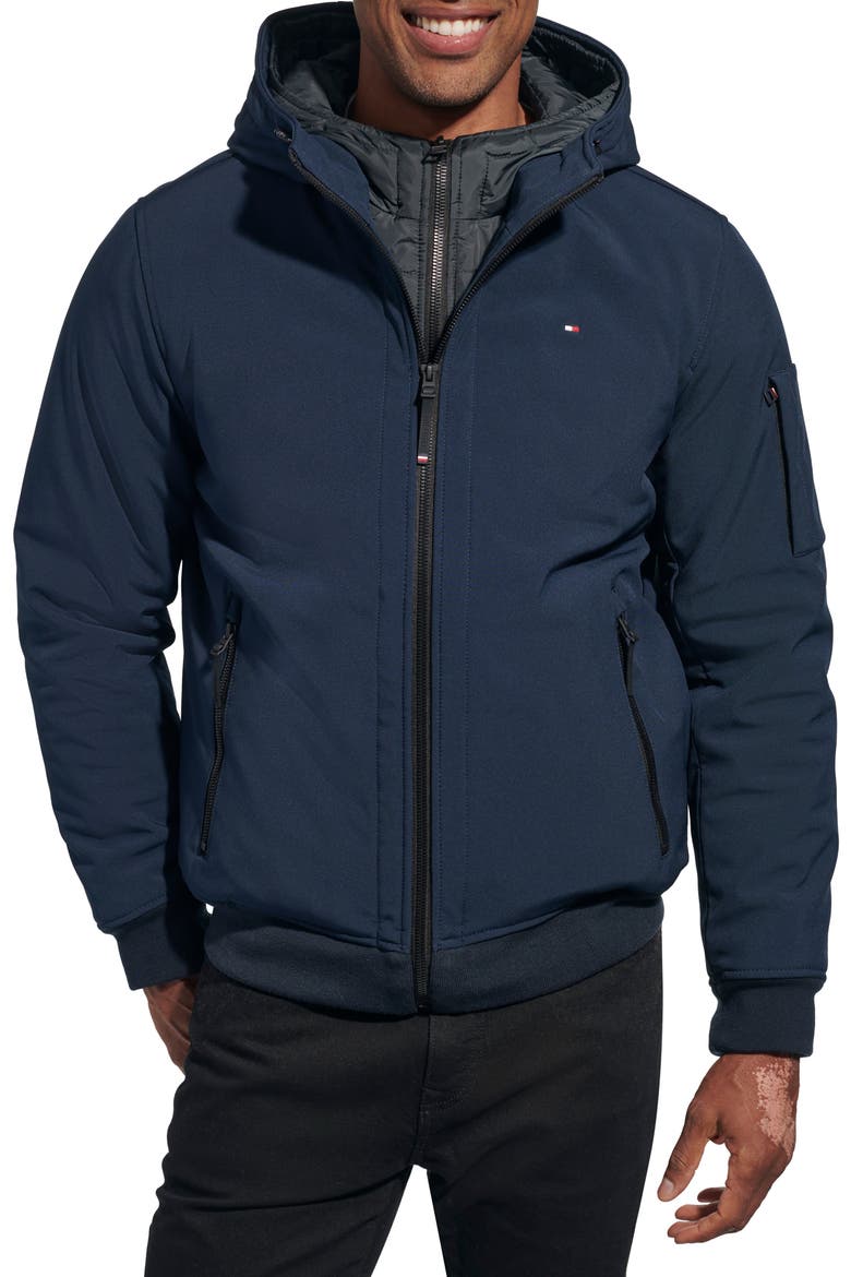 Softshell Hooded Jacket with Bib, Main, color, MIDNIGHT