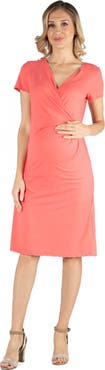 24seven Comfort Apparel Maternity Faux Wrapover Dress with Cap Sleeves