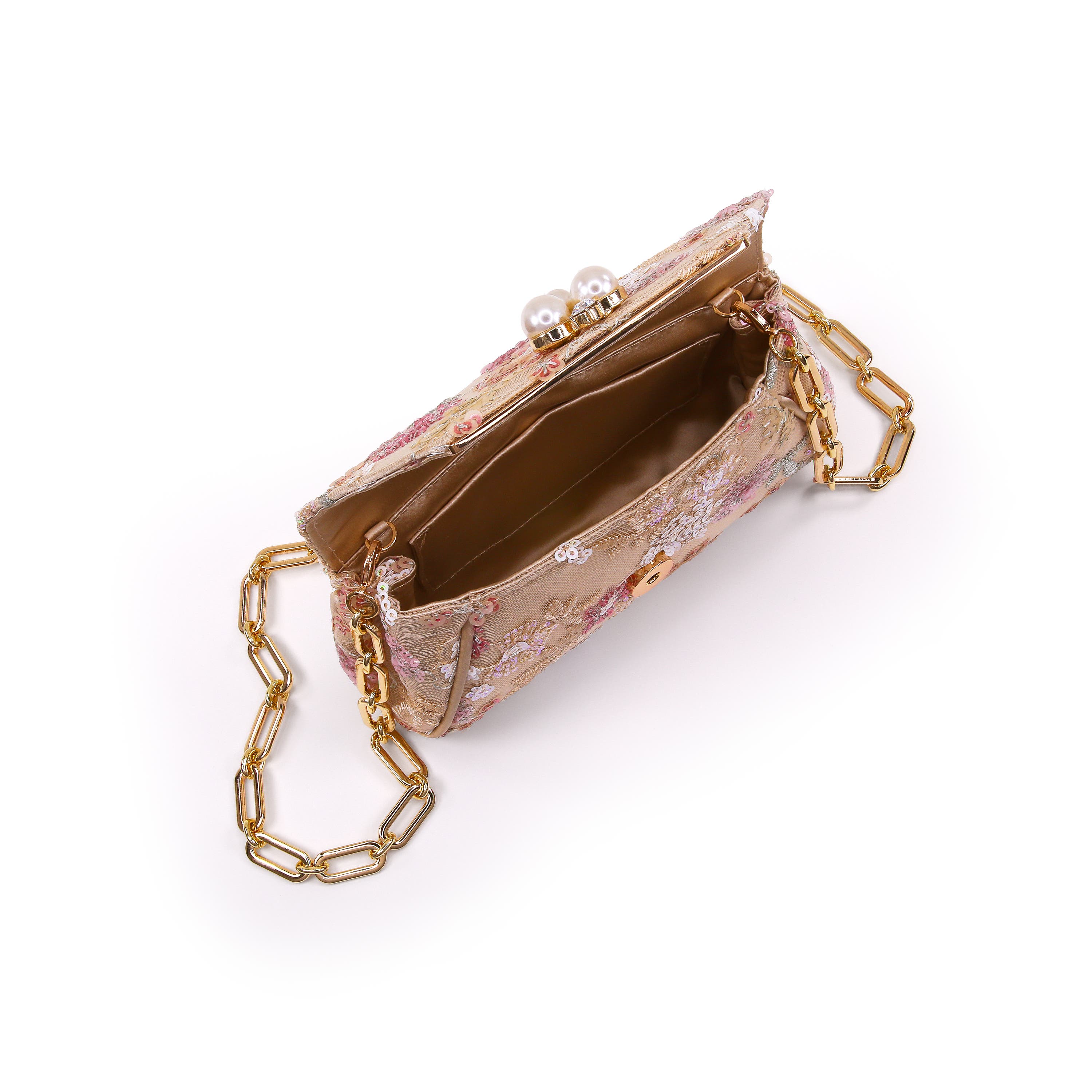 Ophelia Floral Sequin with Pearl Brooch Clutch, Alternate, color, Champagne