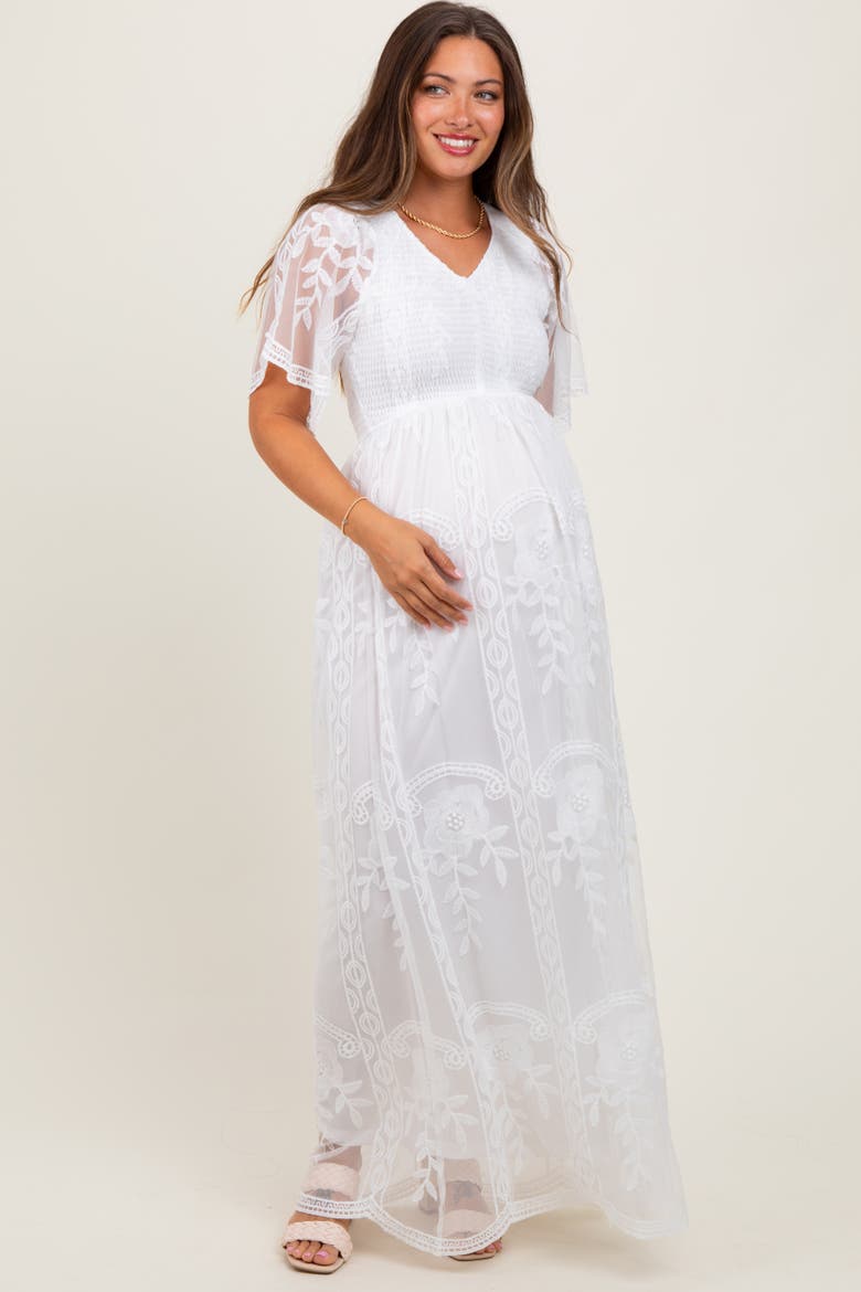 Smocked Top Lace Maxi Dress, Alternate, color, White