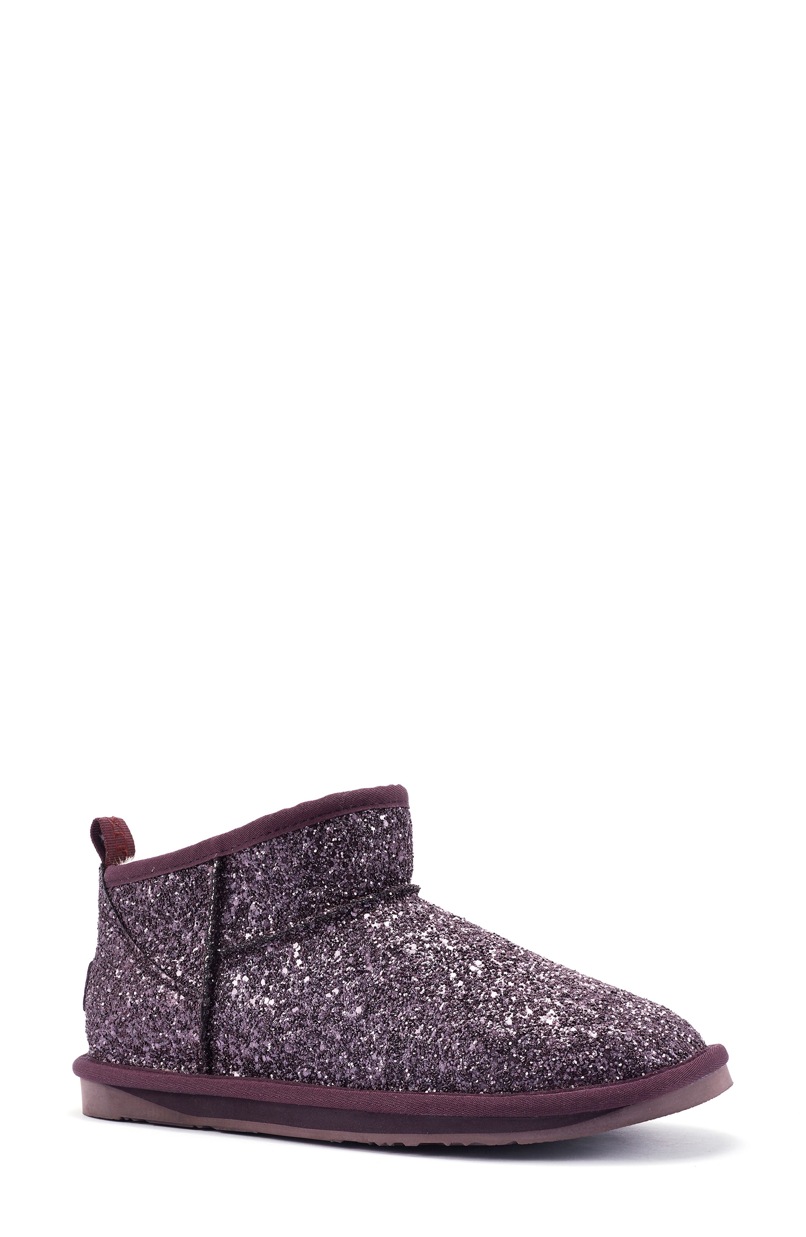 Australia Luxe Collective Cosy Genuine Shearling Glitter Ultra Short Bootie, Main, color, Plum