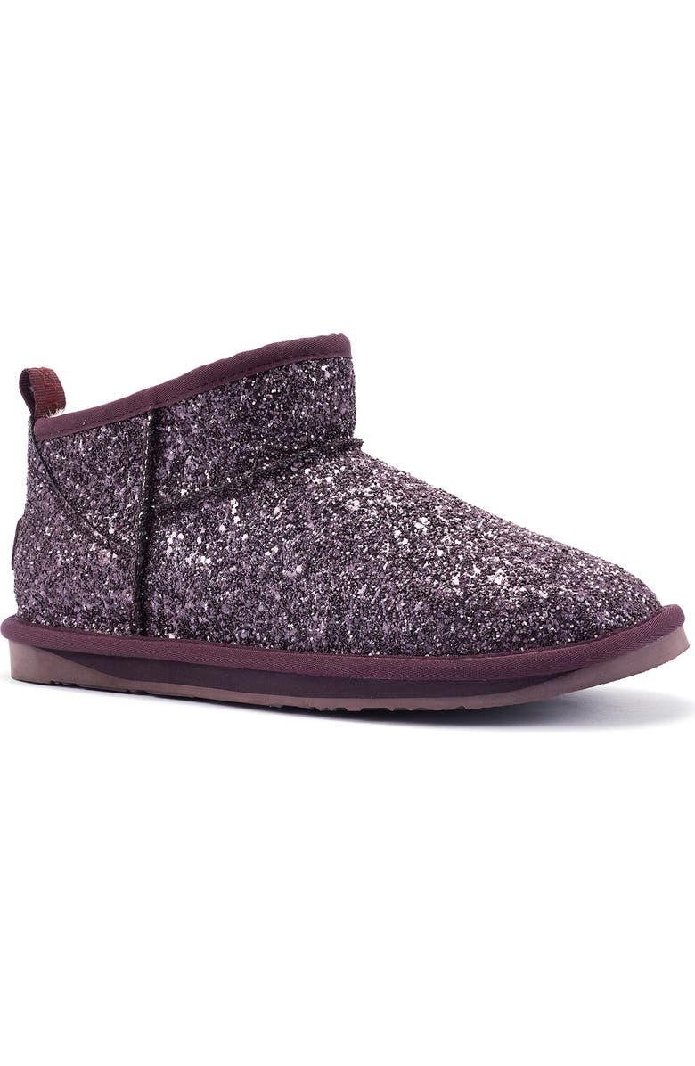 Australia Luxe Collective Cosy Genuine Shearling Glitter Ultra Short Bootie, Main, color, Plum