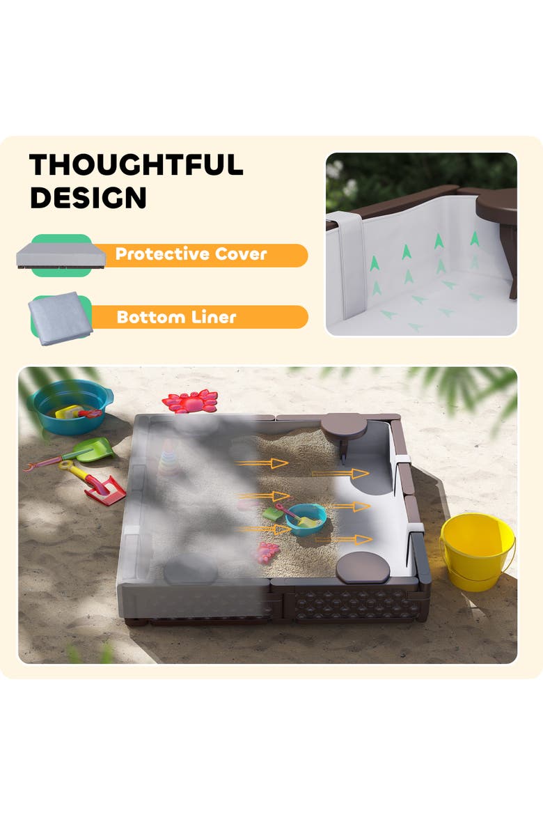 Kids Sandbox with Cover, 4 Seats & Bottom Liner, Alternate, color, Brown