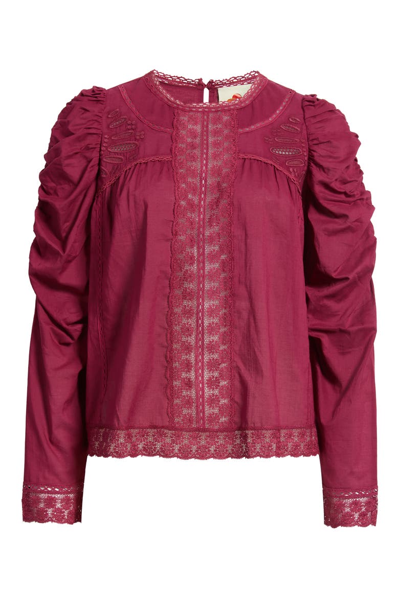 Puff Sleeve Lace Detail Cotton Top, Alternate, color, BURGUNDY