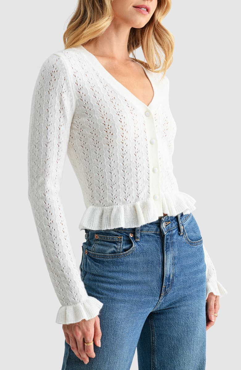 All in Favor Pointelle Ruffle Hem Crop Cardigan, Alternate, color, Off White