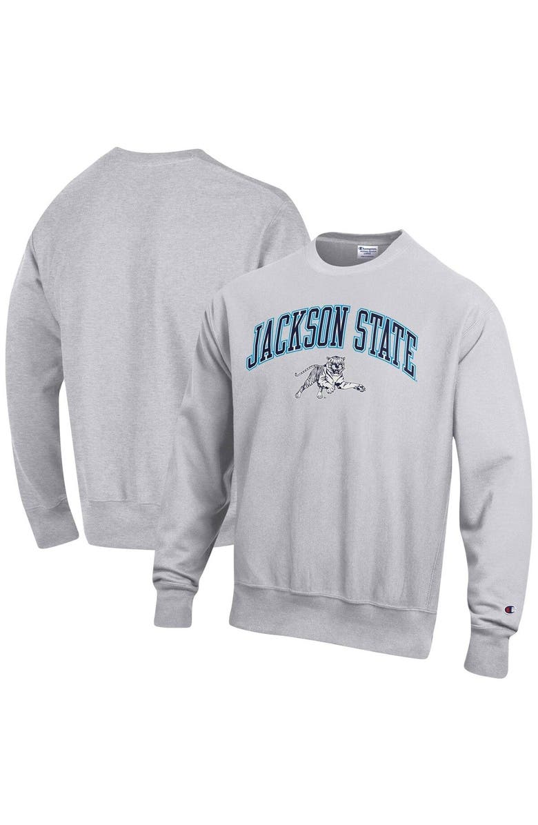 Champion Men's Champion Heathered Gray Jackson State Tigers Arch Over Logo Reverse Weave Pullover Sweatshirt, Main, color, 