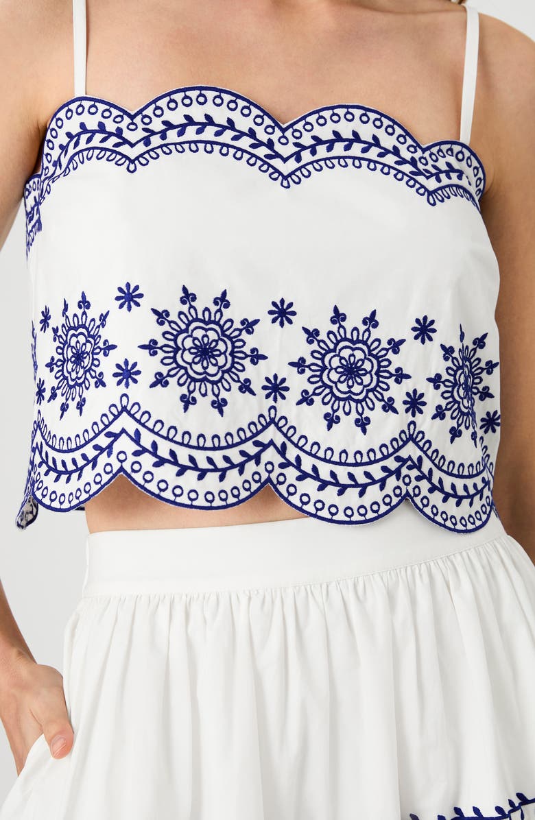 French Connection Alissa Embroidered Crop Cotton Top, Alternate, color, Linen White/ Indigo