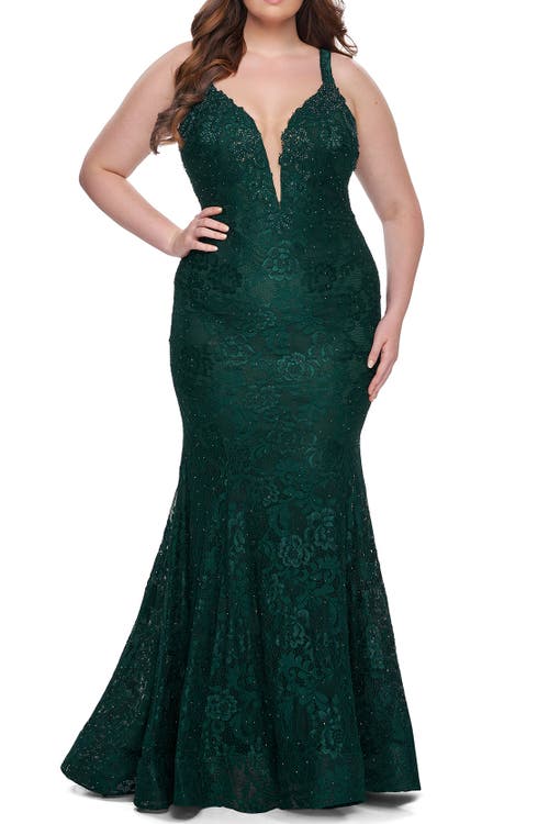 La Femme Plus Size Dress Lace Fitted Long Gown In Dark Emerald