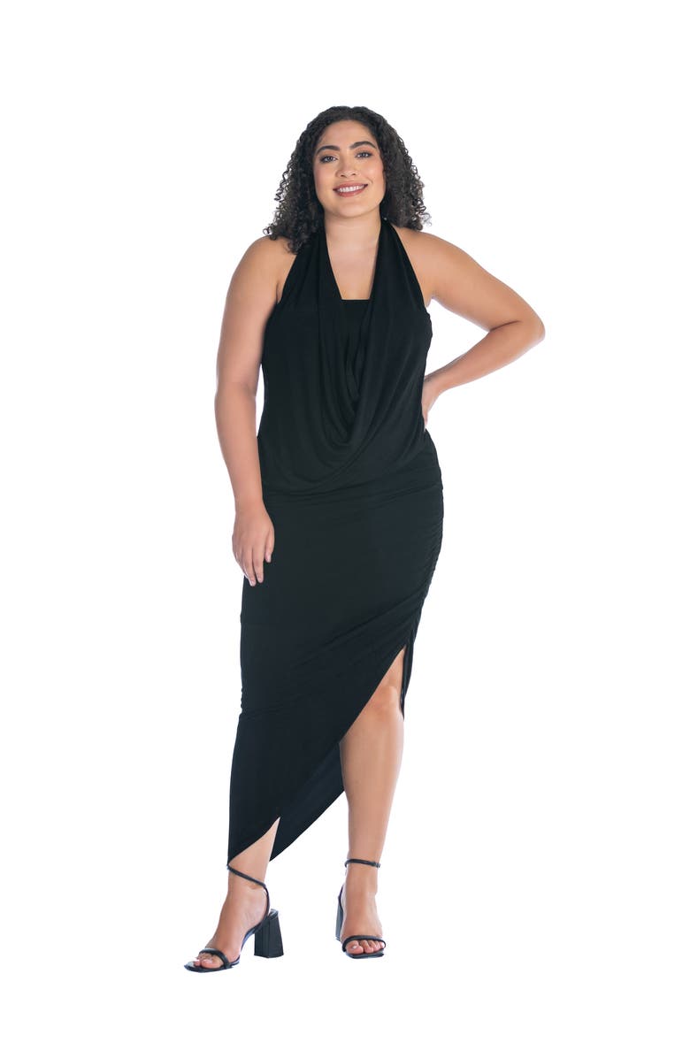 24seven Comfort Apparel Cowl Neck Long Asymmetrical Backless Halter Dress, Main, color, Black