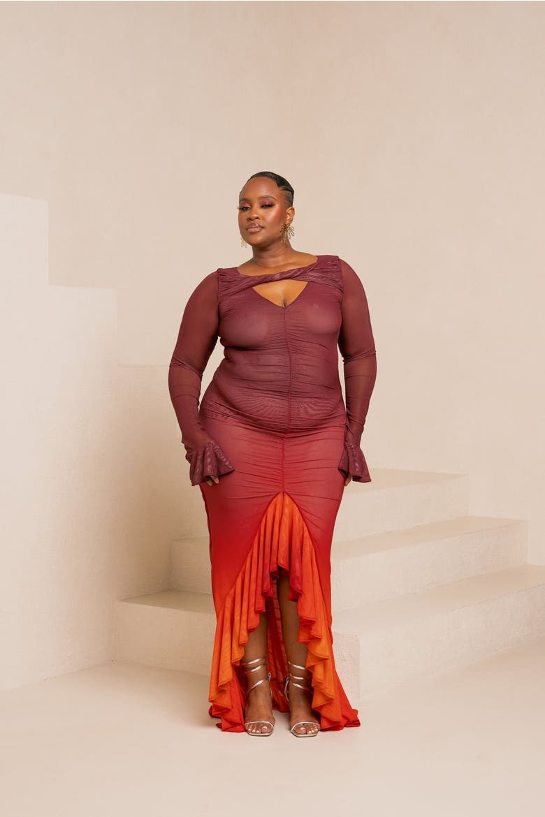 Dawn Hi-Low Ruffle Dress, Alternate, color, Burgundy