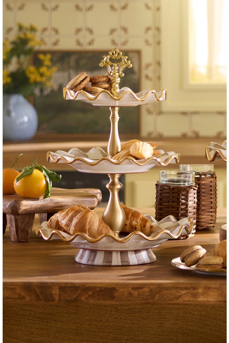 Mocha Check Ceramic Three Tier Sweet Stand, Alternate, color, MOCHA