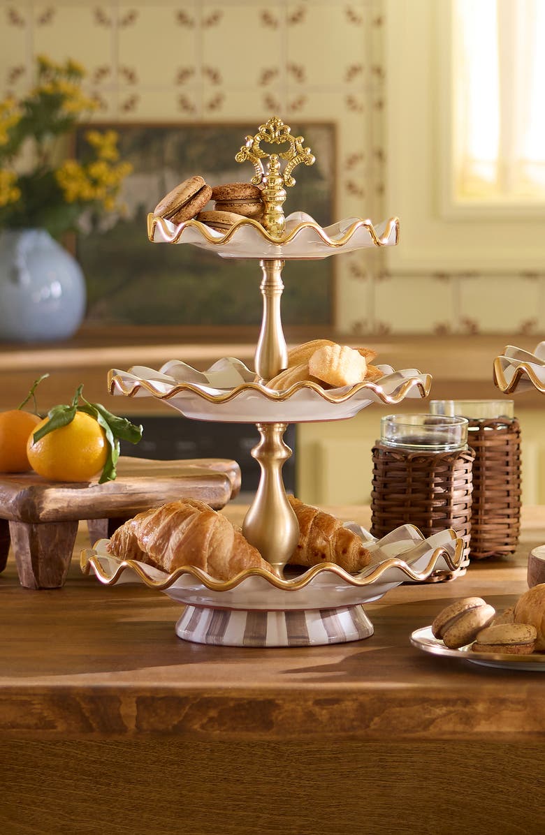 MACKENZIE CHILDS Mocha Check Ceramic Three Tier Sweet Stand, Alternate, color, Mocha