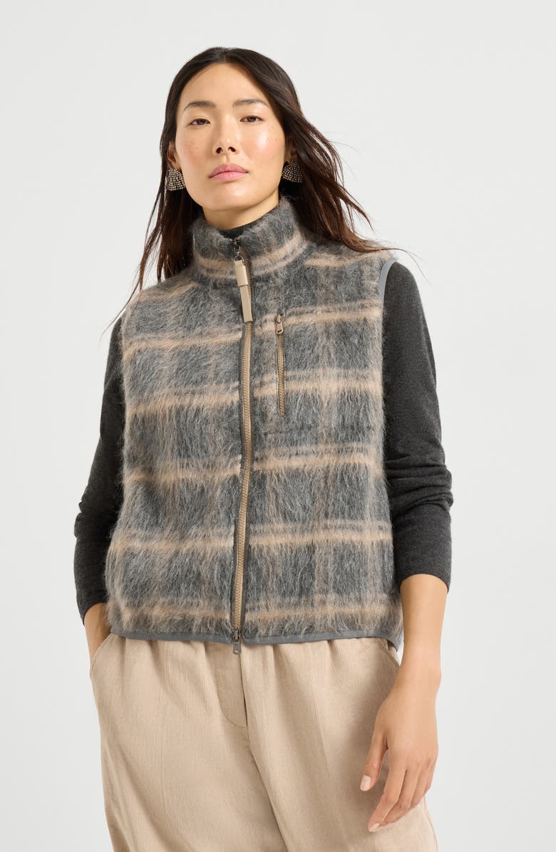 Brunello Cucinelli Jacquard check knit vest, Alternate, color, Grey