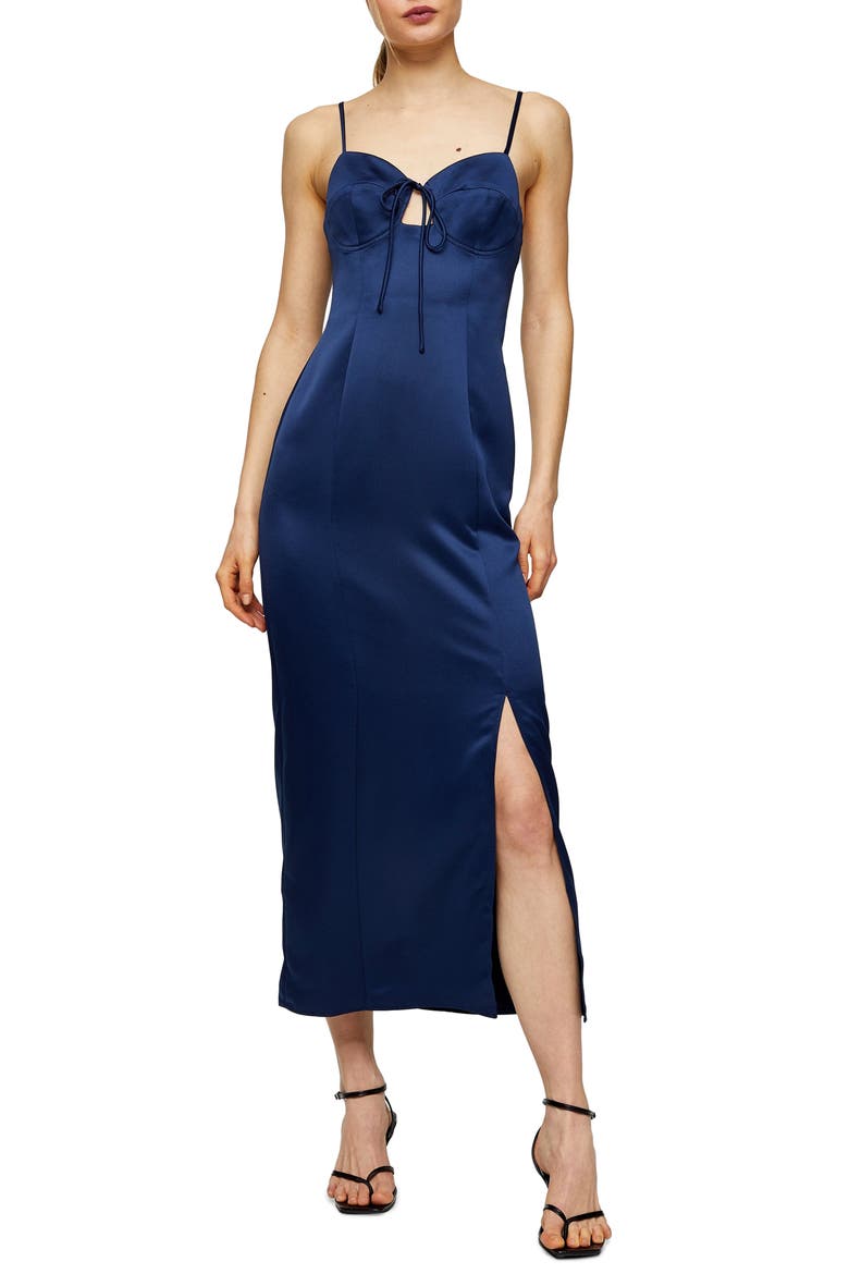 Bustier Bodice Satin Midi Slipdress, Main, color, NAVY BLUE