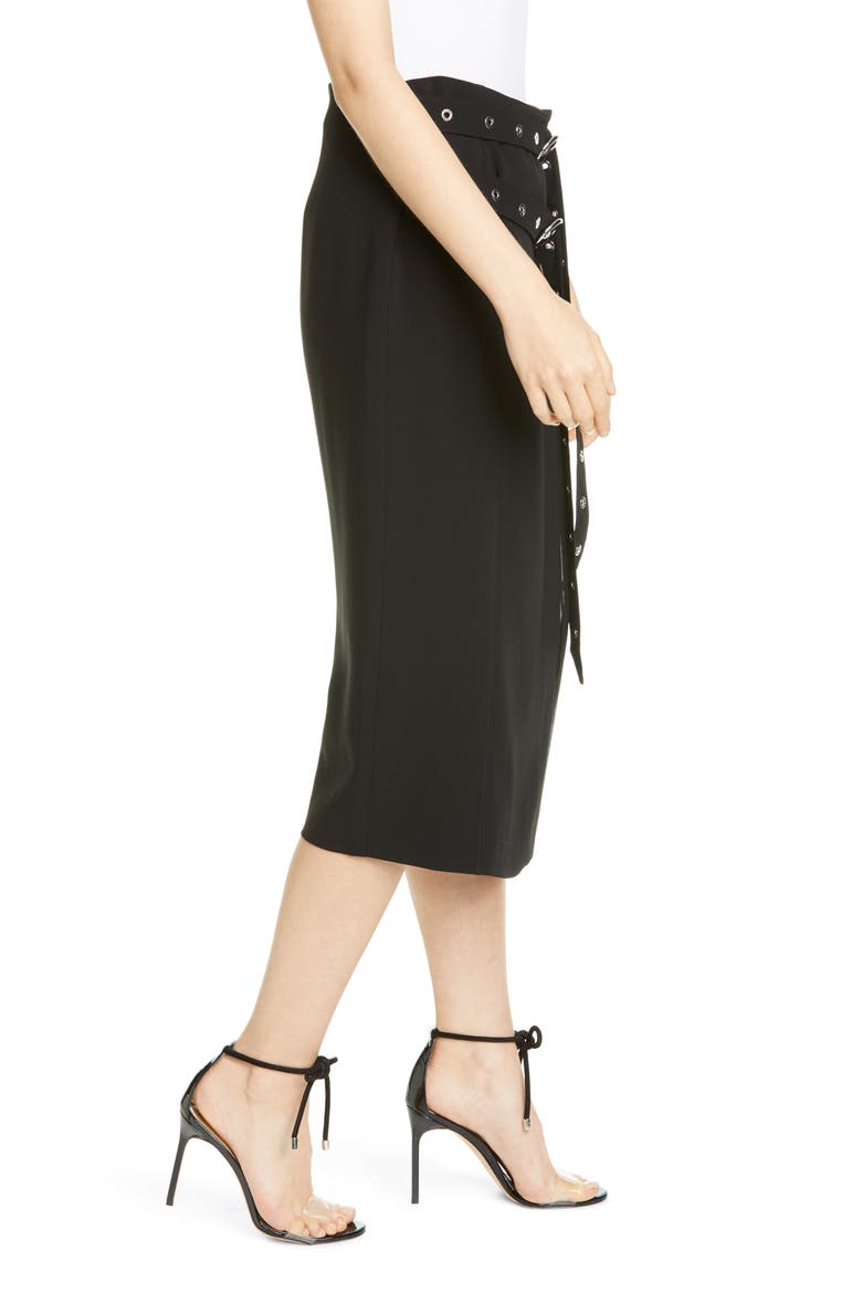 Tess Grommet Double Belt Crepe Midi Skirt, Alternate, color, BLACK