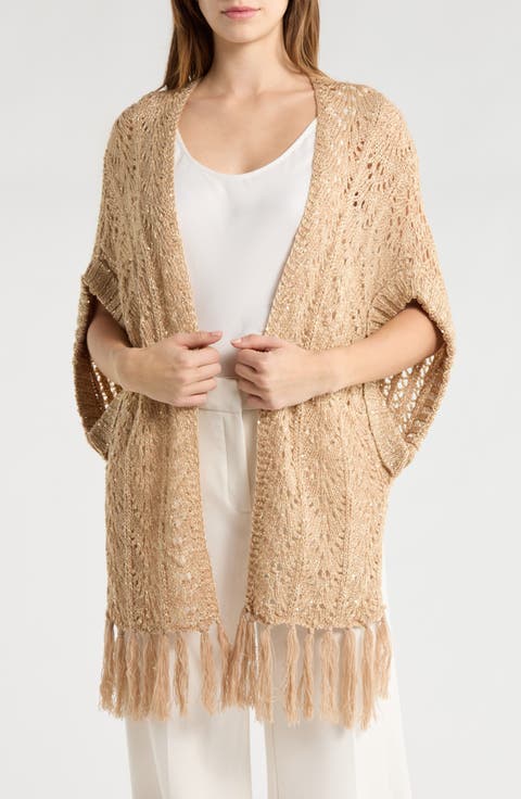 Sequin Open Knit Fringe Trim Shawl