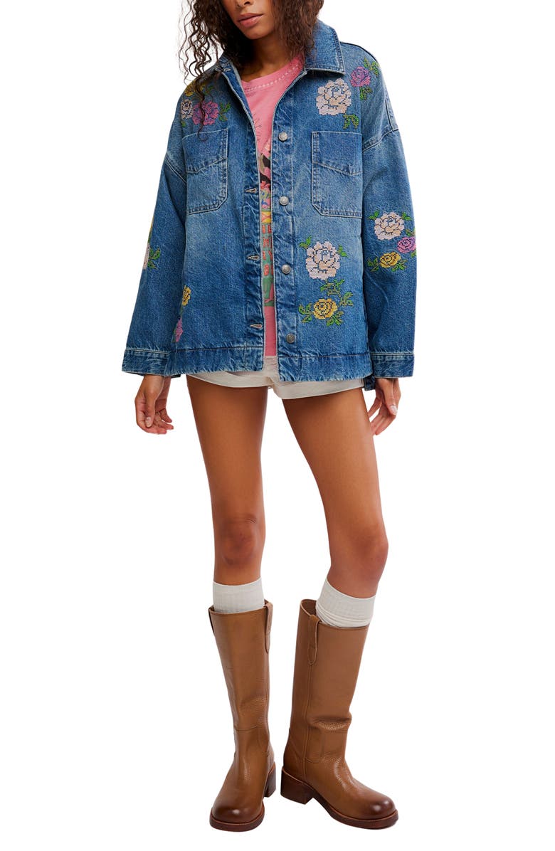 Free People Madison Embroidered Denim City Jacket, Alternate, color, Cowboy Romance