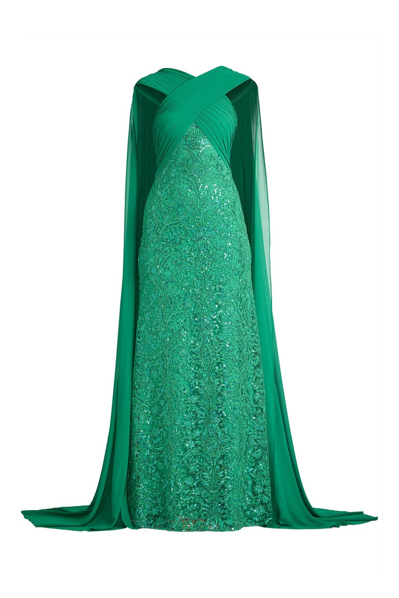 Sequin Lace Cape Halter Gown, Alternate, color, ANCIENT JADE