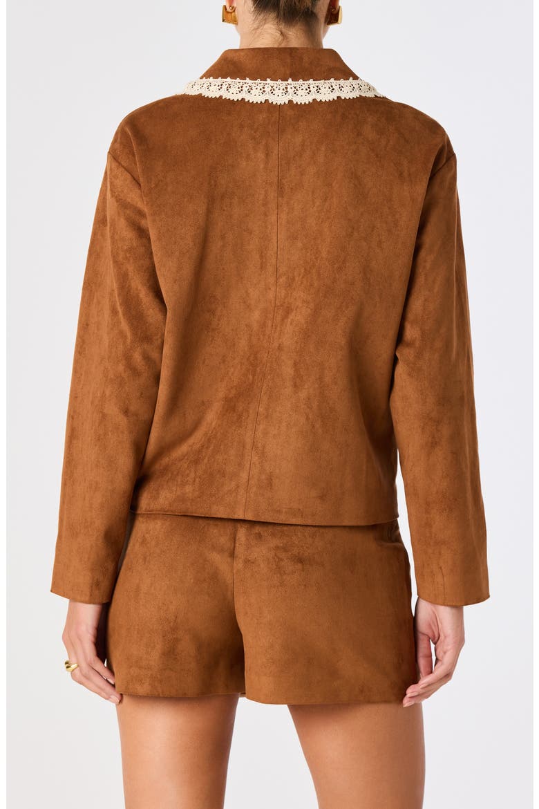 Gavriella Lace Trim Faux Suede Jacket, Alternate, color, CAMEL