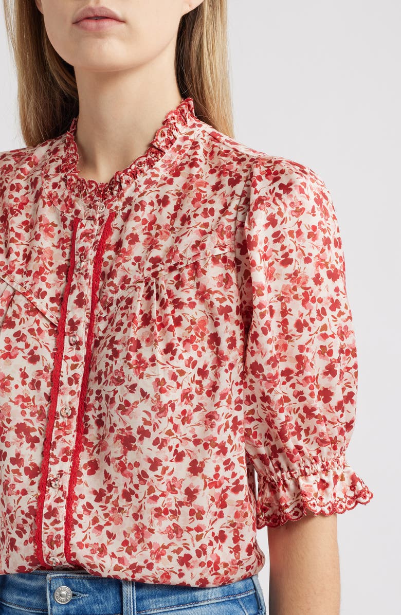 Wit & Wisdom Print Ruffle Eyelet Shirt, Alternate, color, Off White/ Poppy Red Multi
