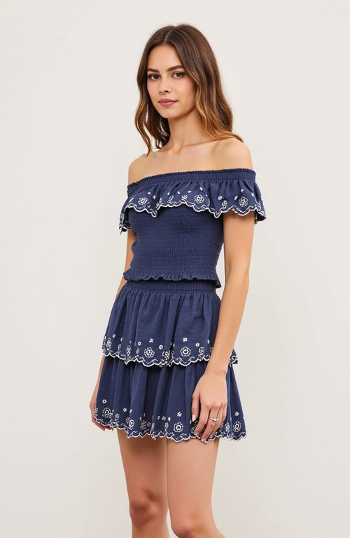 Modenaire Tiered Eyelet Embroidered Ruffle Shorts With Smocked Waist In Navy Blue