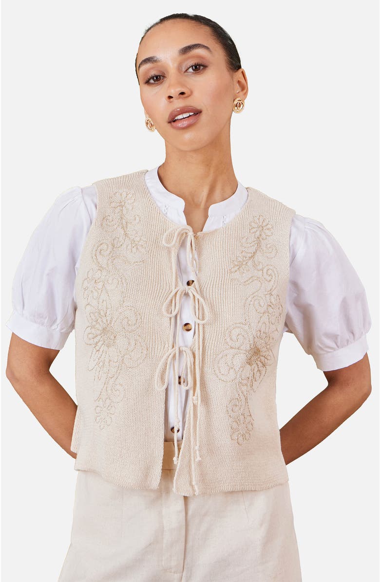 Yumi Embroidered Tie Front Waistcoat, Main, color, Beige