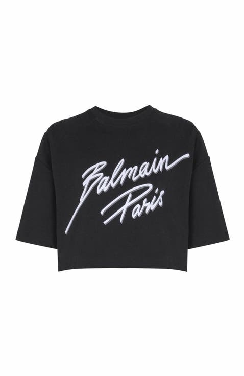 Cropped T-Shirt With Flocked Balmain Letter Logo