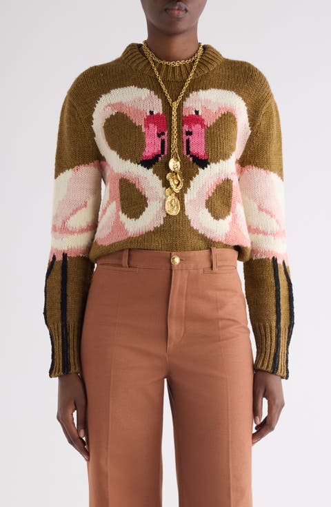 Hand Knit Flamingo Intarsia Wool Crewneck Sweater