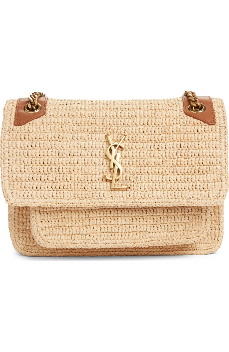 Saint Laurent Medium Niki Woven Raffia Shoulder Bag, Main, color, Natural/ Brick