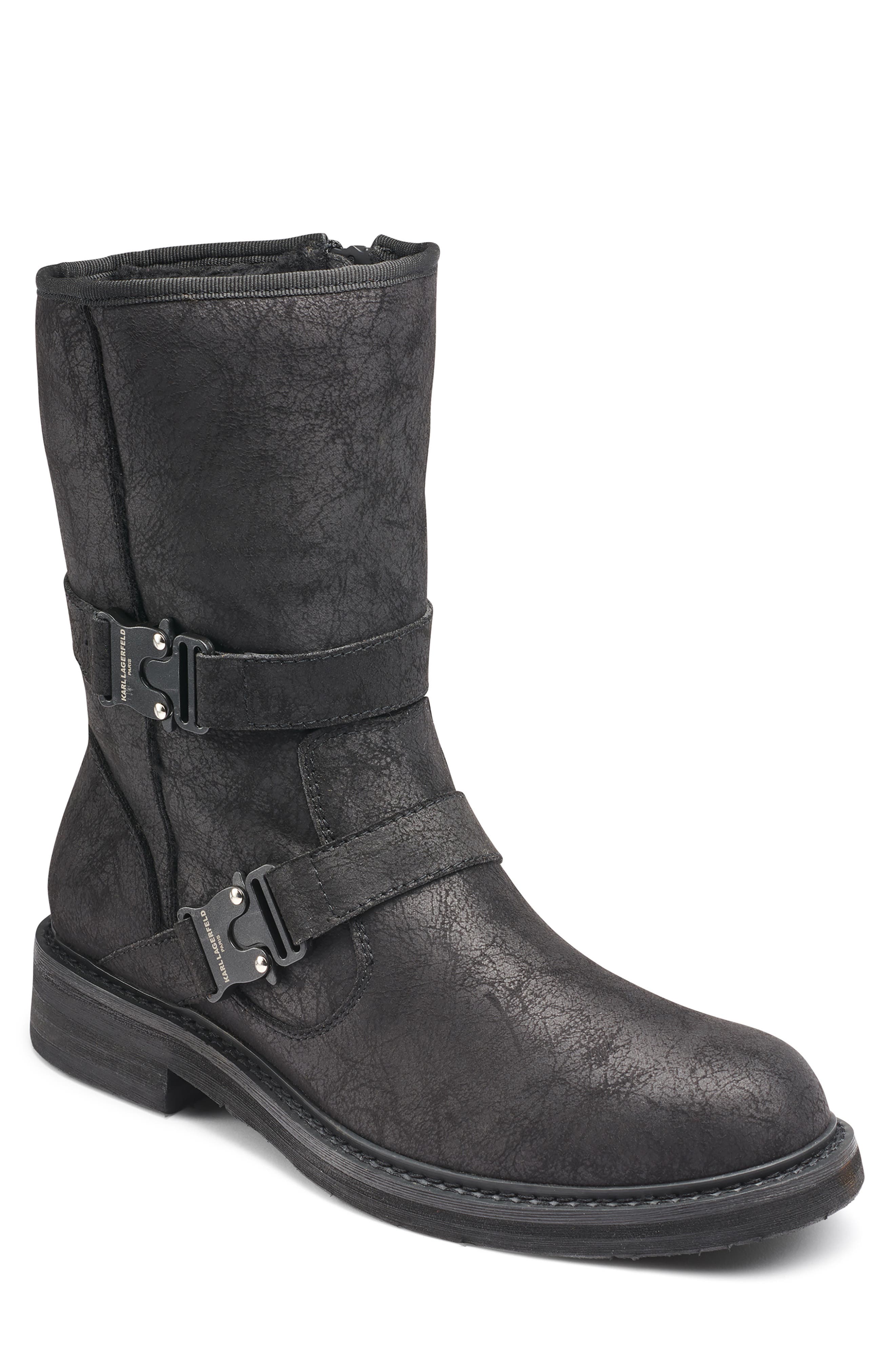 KARL LAGERFELD PARIS Faux Shearling Lined Double Buckle Boot