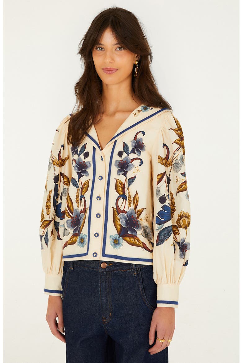 Golden Nature Floral Sailor Collar Button-Up Top, Alternate, color, GOLDEN NATURE CREAM
