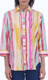 Foxcroft Watercolor Stripe Non-Iron Cotton Button-Up Shirt