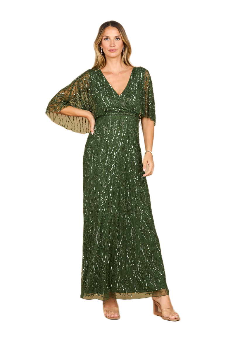 Beaded Gown with Half Cape, Main, color, Emerald