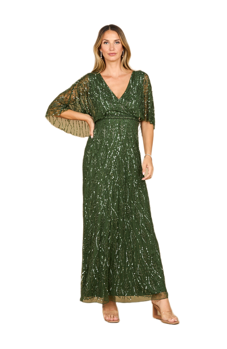 LARA New York Beaded Gown with Half Cape, Main, color, Emerald