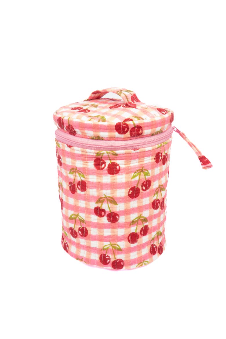 Cherry Round Upright Makeup Bag, Main, color, Red Gingham