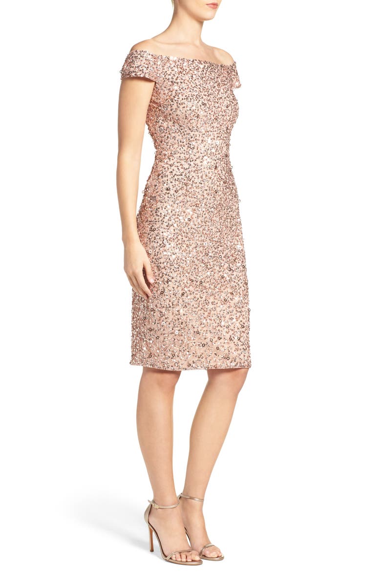 Off the Shoulder Sequin Sheath Dress, Alternate, color, ROSE GOLD