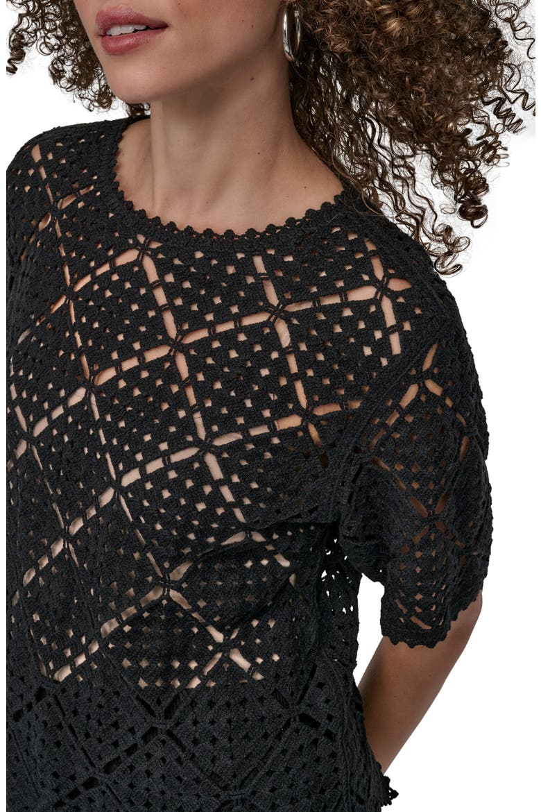 Crochet Stitch Short Sleeve Sweater, Alternate, color, BLACK