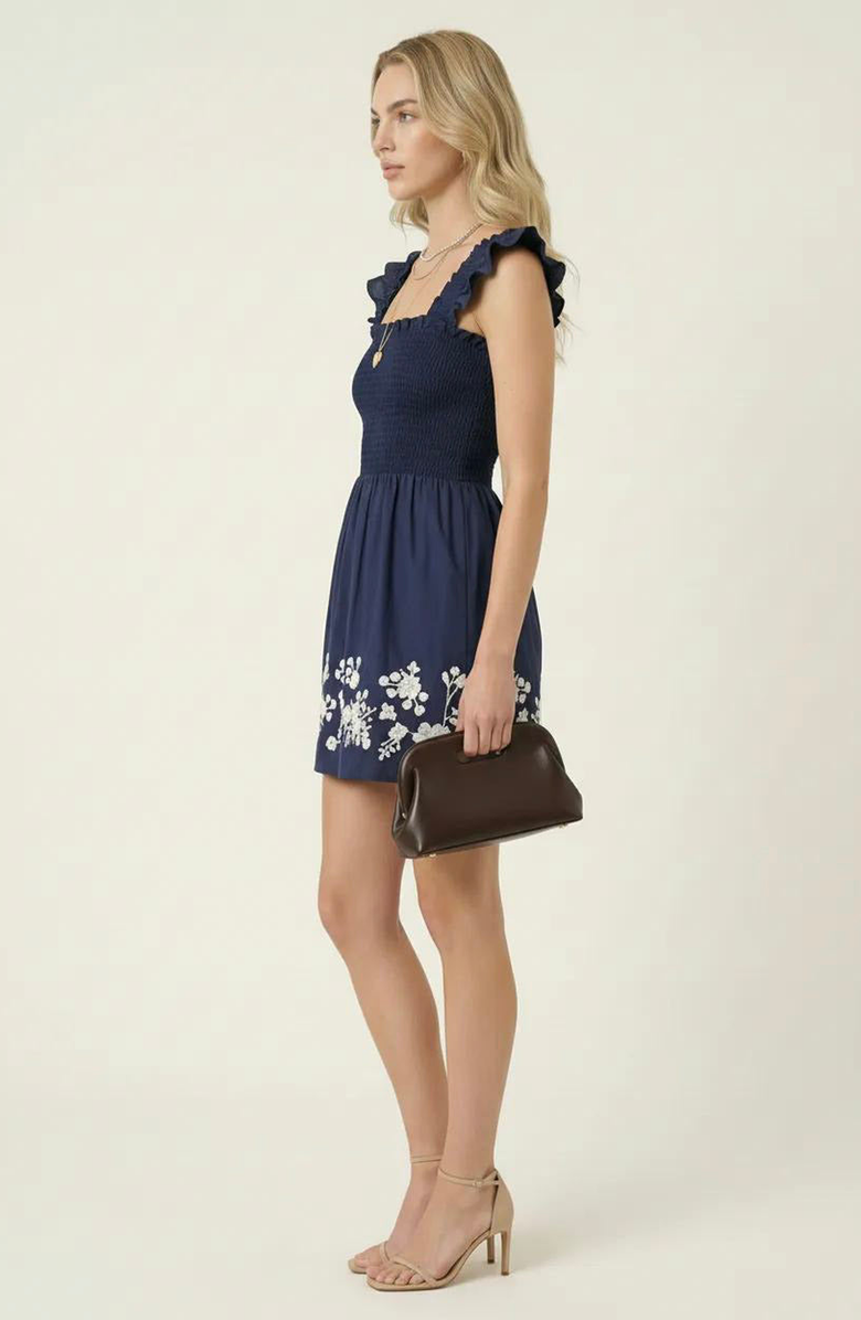 Modenaire Smocked Ruffle Strap Mini Dress with Floral Embroidery Hem, Alternate, color, Blue