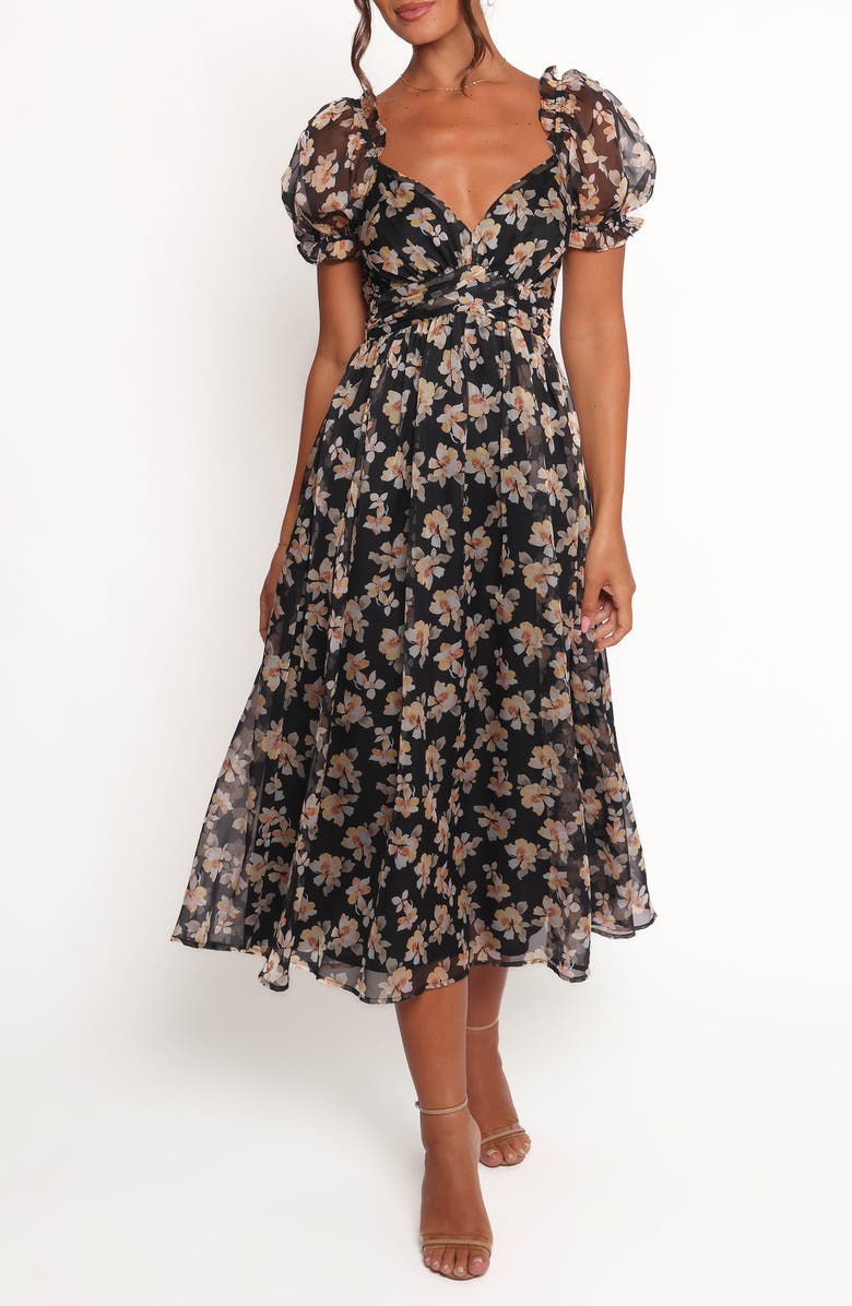 Petal & Pup Farryn Floral Puff Sleeve Dress, Main, color, Black Beige Floral