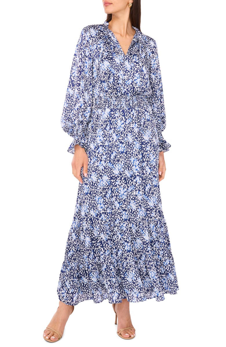 Vince Camuto Metallic Abstract Print Long Sleeve Maxi Dress, Main, color, Classic Navy