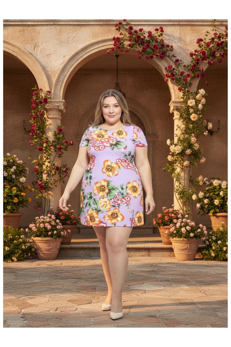 Plus Size Floral Short Sleeve Round Neck Mini Shift Dress, Alternate, color, Lilac Multi